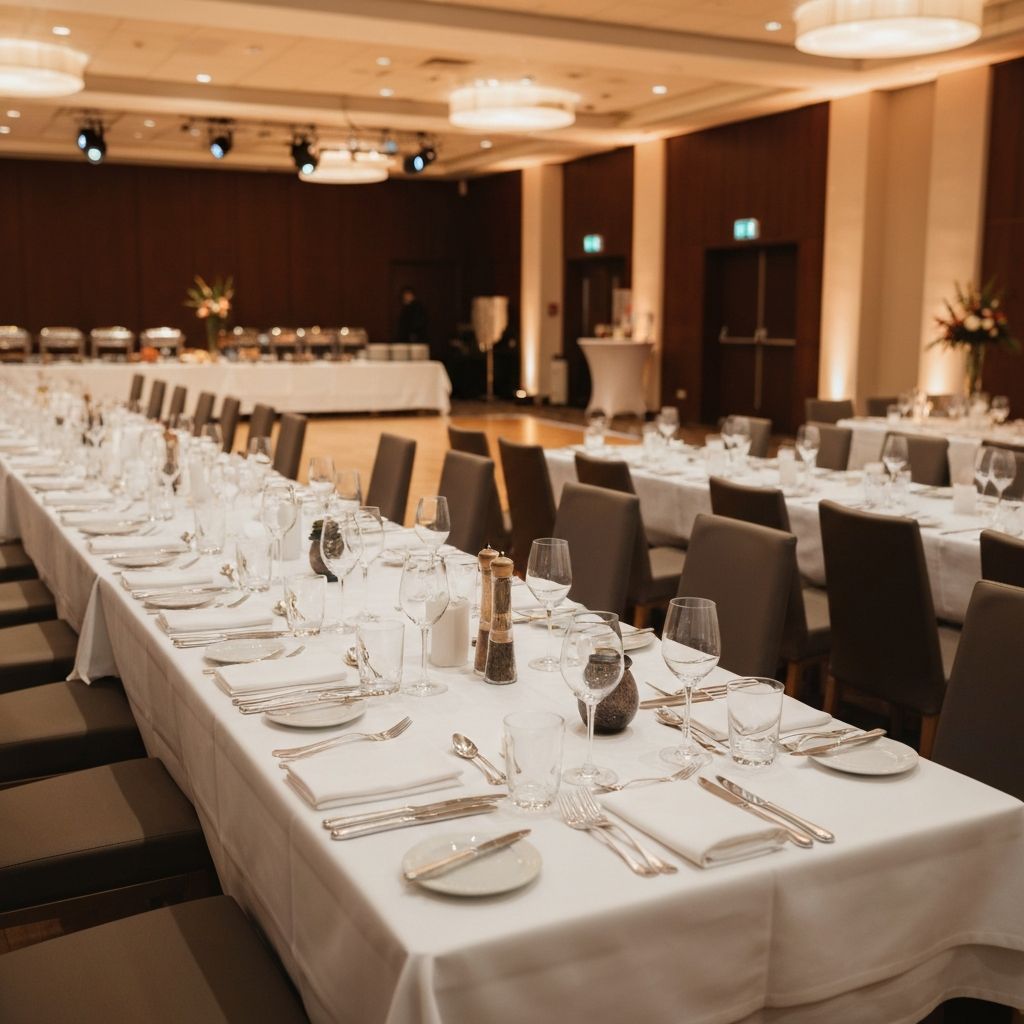 Professionelles Catering-Buffet für Firmenfeier mit Edelstahl-Warmhaltegeräten