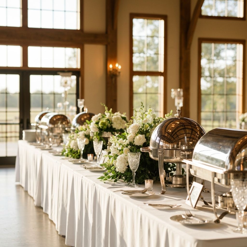 Elegant aufgebautes Hochzeitsbuffet mit Blumenarrangements und Chafing Dishes