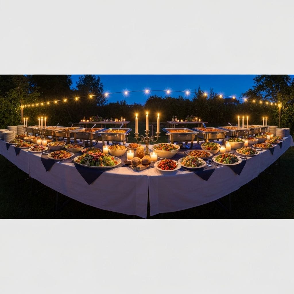 Catering-Buffet der Party-Küche Heuer — festlich gedeckte lange Tafel mit Kerzenlicht in der Abenddämmerung