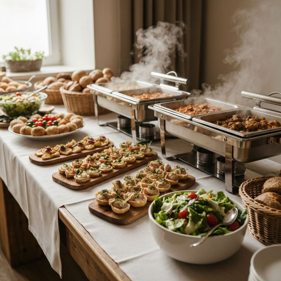 Catering Buffet der Party-Küche Heuer — aufgebaut und fertig für die Feier
